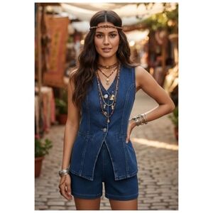 Women's Blue Denim Vest and Shorts Set